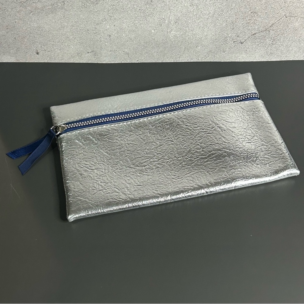 ipsy Silver Cosmetic Bag with Blue Zipper